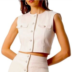 Avec Les Filles White Crop Top With Pearl Buttons Size Medium
